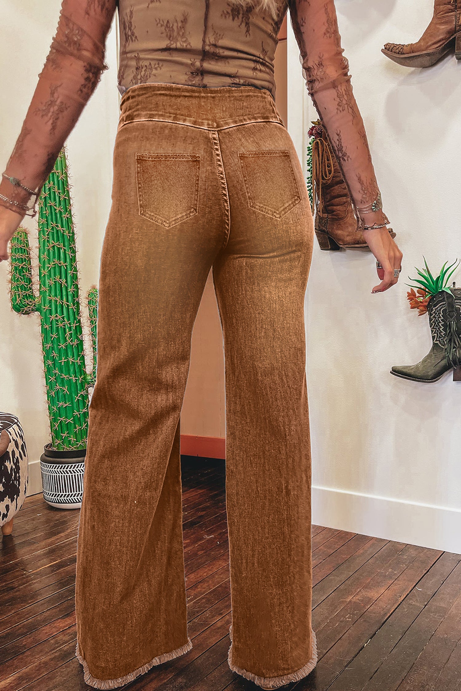 Tan Raw Hem Flare Jeans