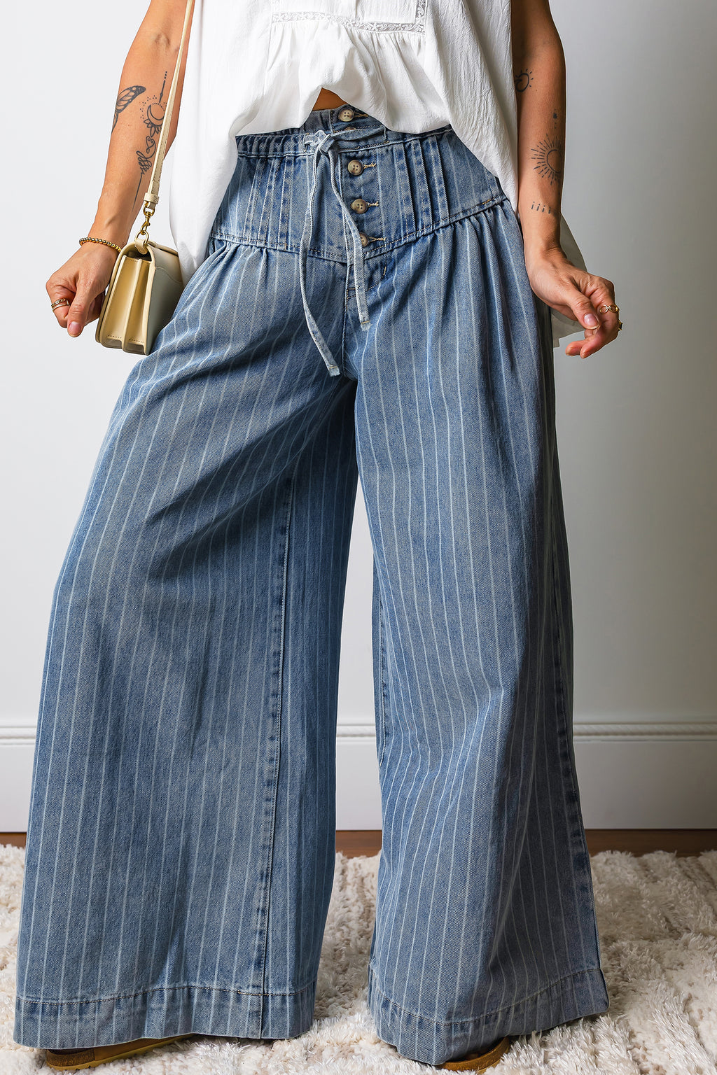 Sky Blue Stripe Wide Leg Jeans