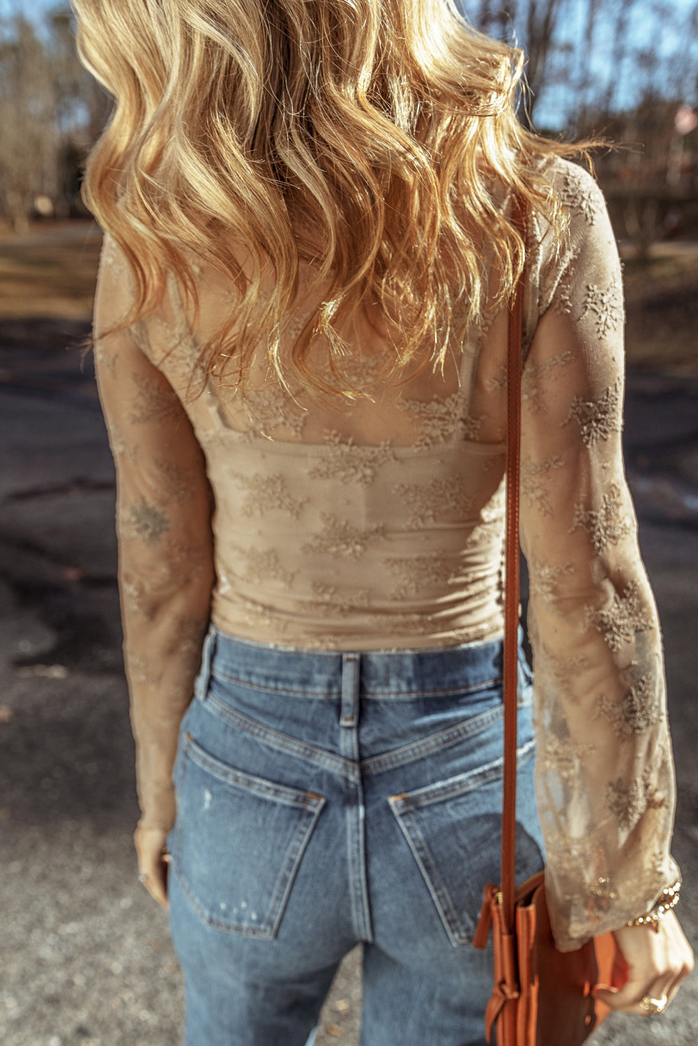 Apricot Lace Mesh Long Sleeve Blouse