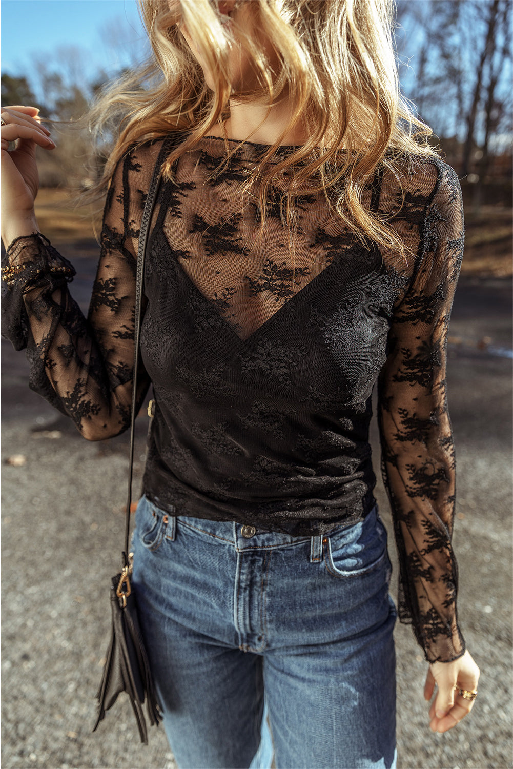 Black Lace Mesh Long Sleeve Blouse