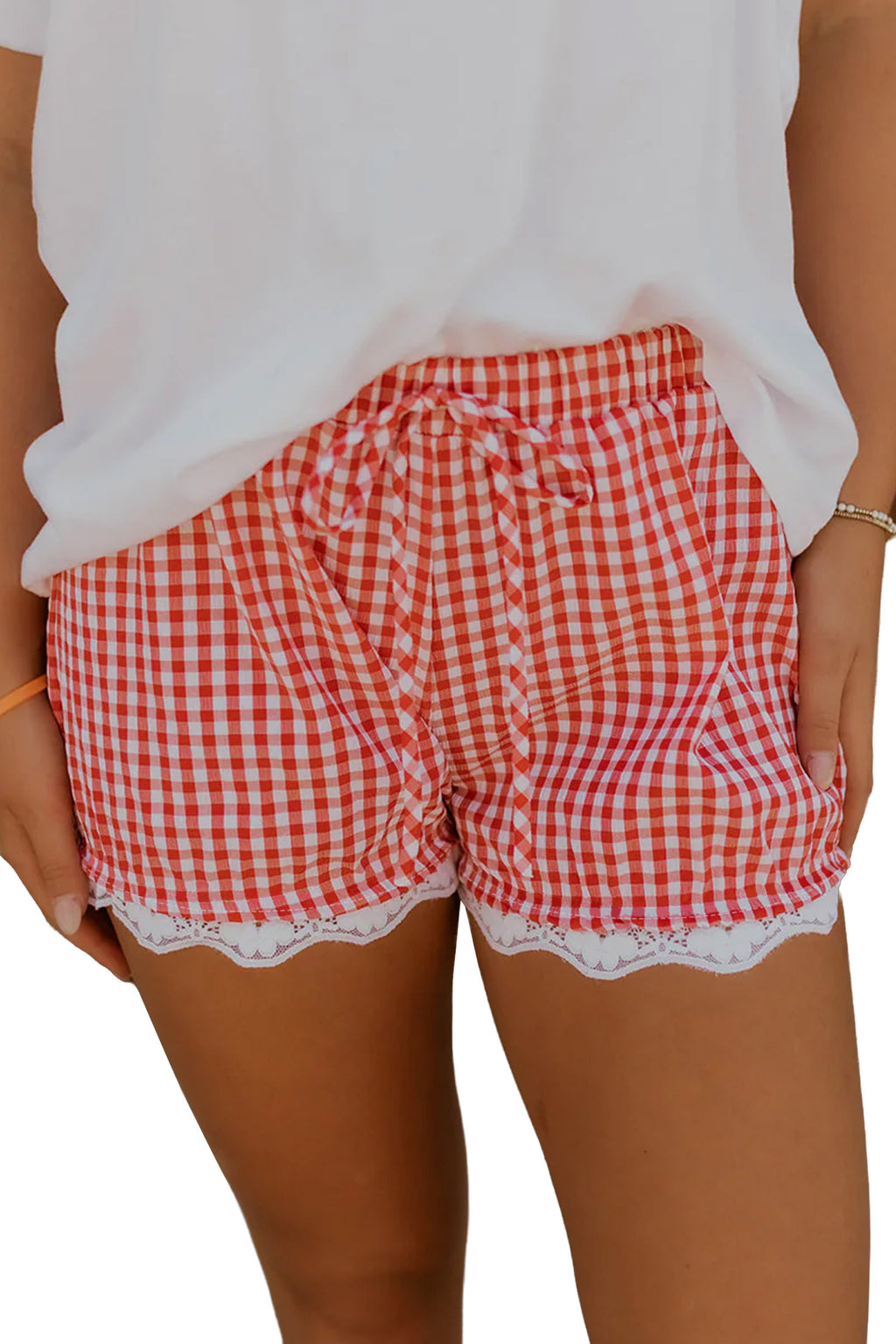 Red Gingham Lace Hem Shorts