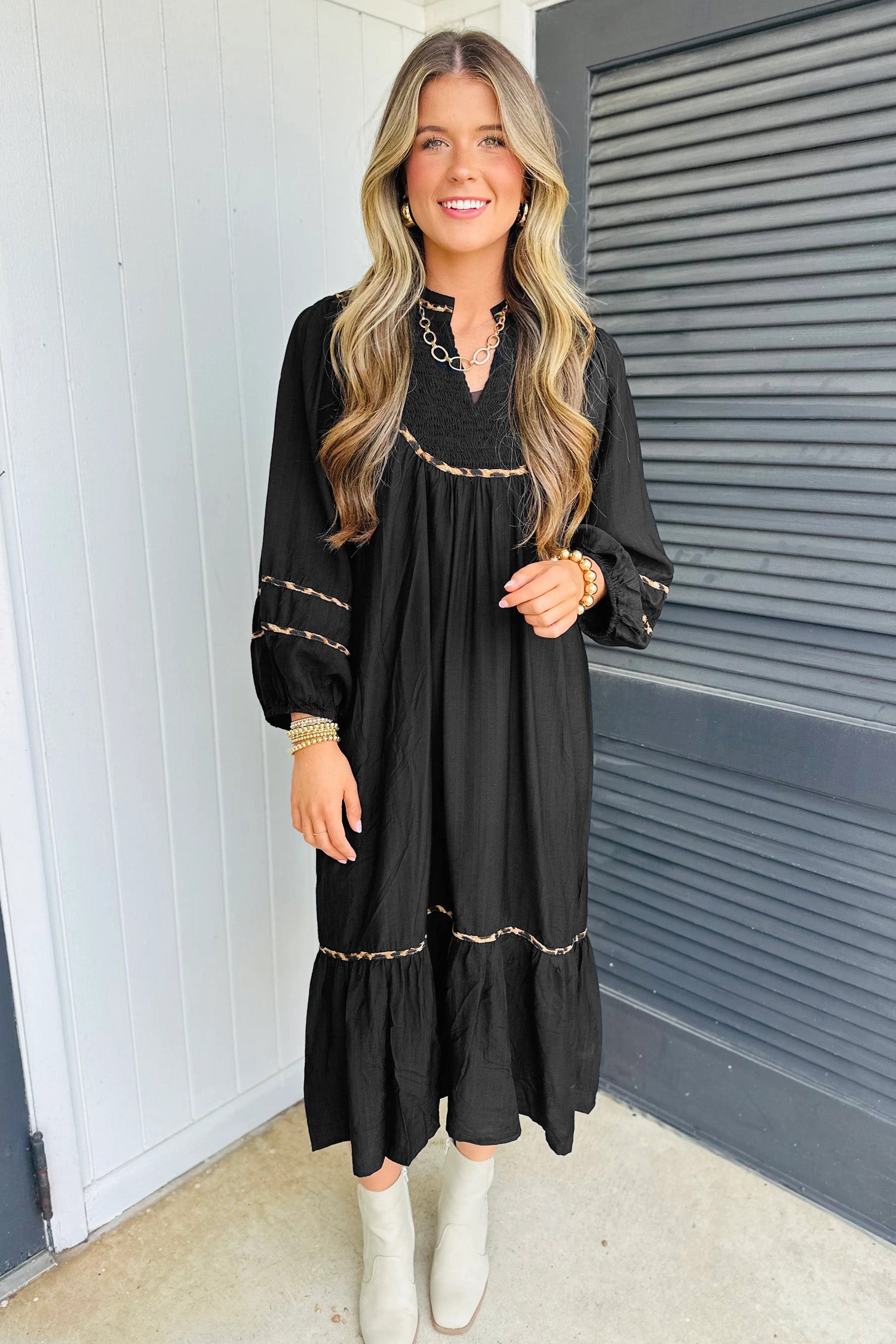 Black Leopard Trim Midi Dress