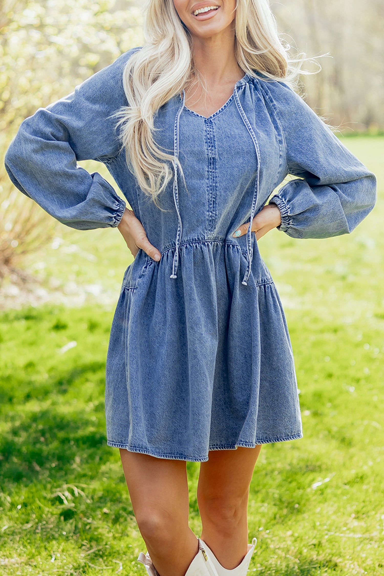 Blue Puff Sleeve Denim Mini Dress