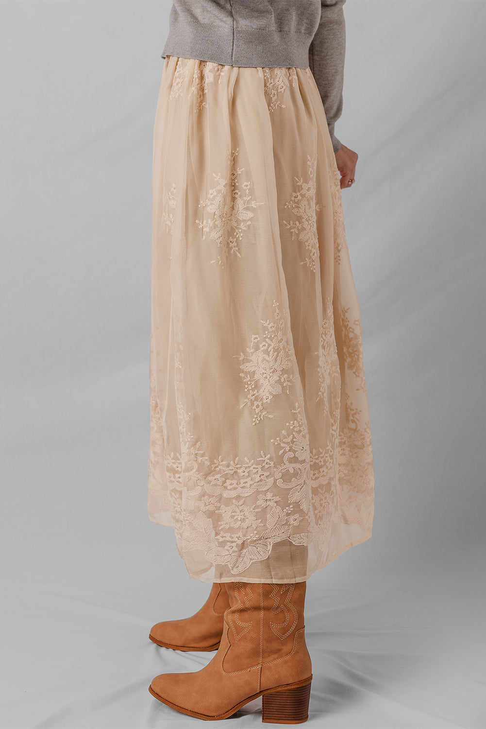 Oatmeal Lace Mesh Maxi Skirt