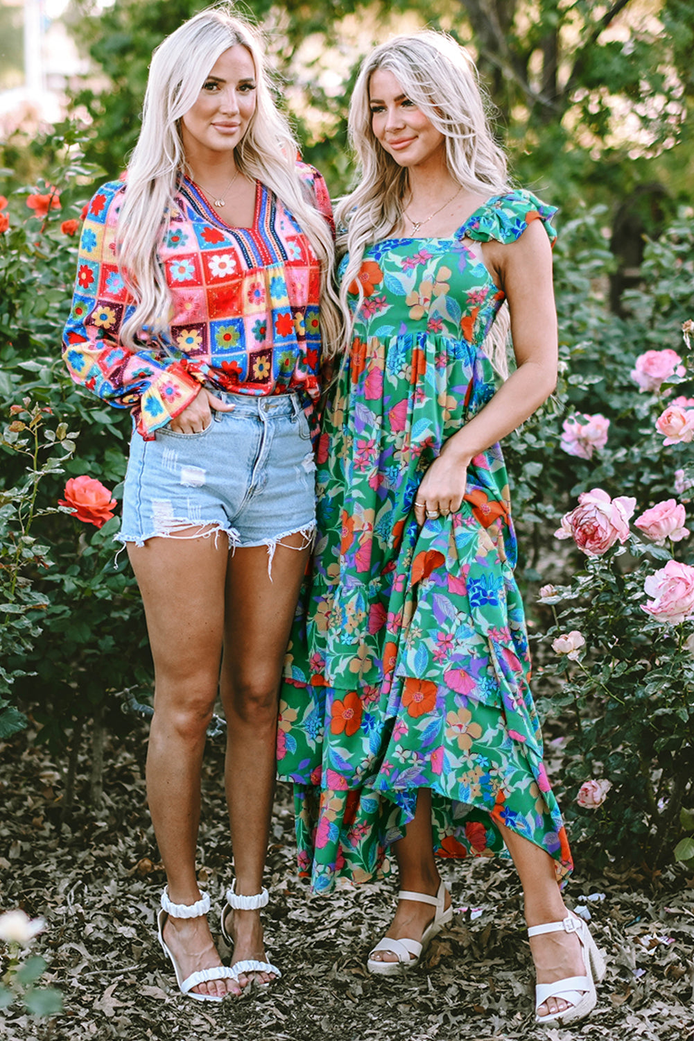 Green Floral Ruffle Maxi Dress