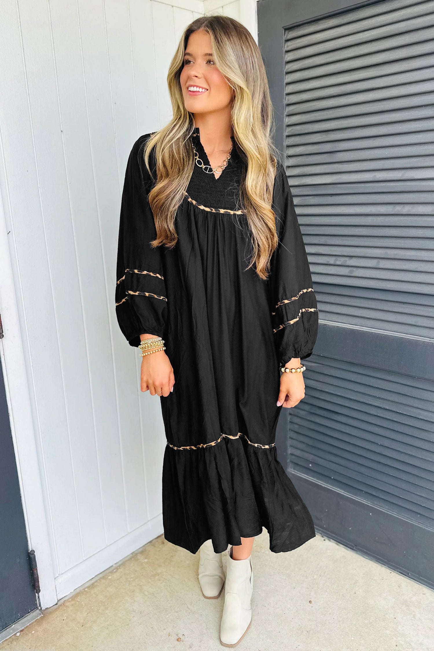 Black Leopard Trim Midi Dress