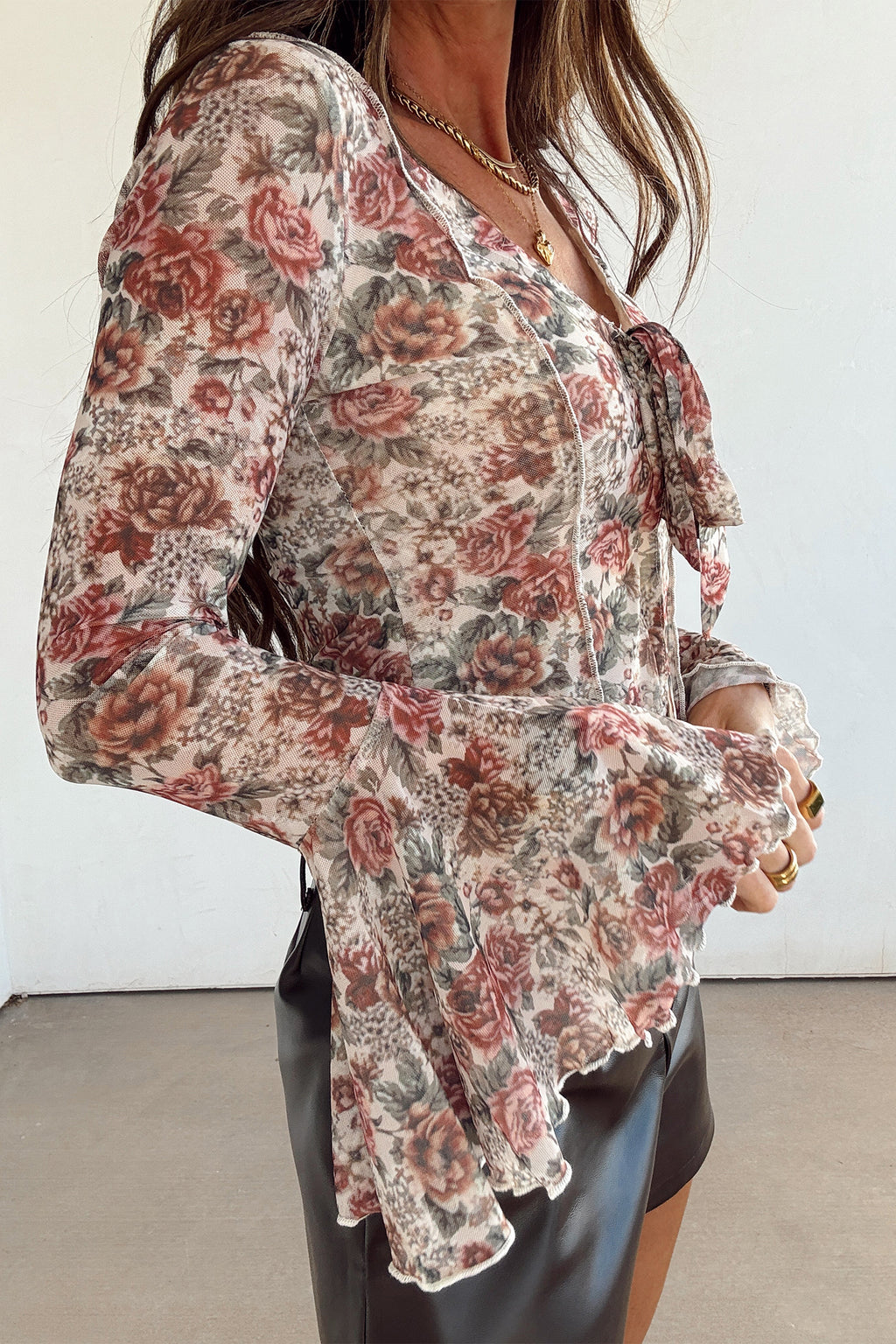 Red Floral Bell Sleeve Blouse
