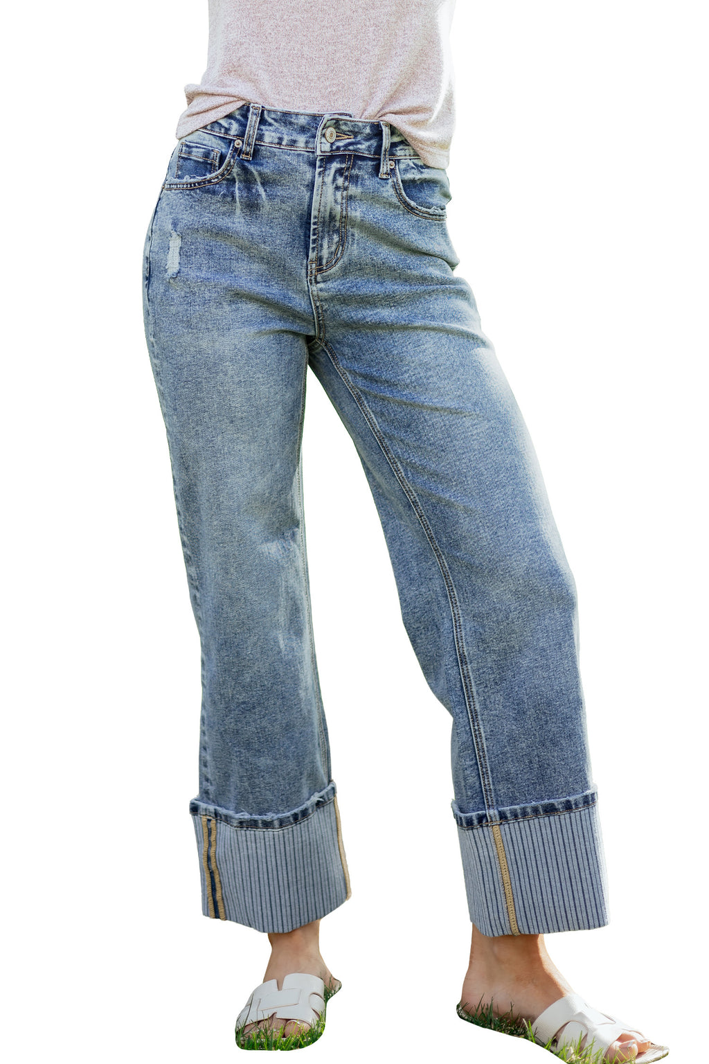 Blue Cuffed Straight Leg Jeans