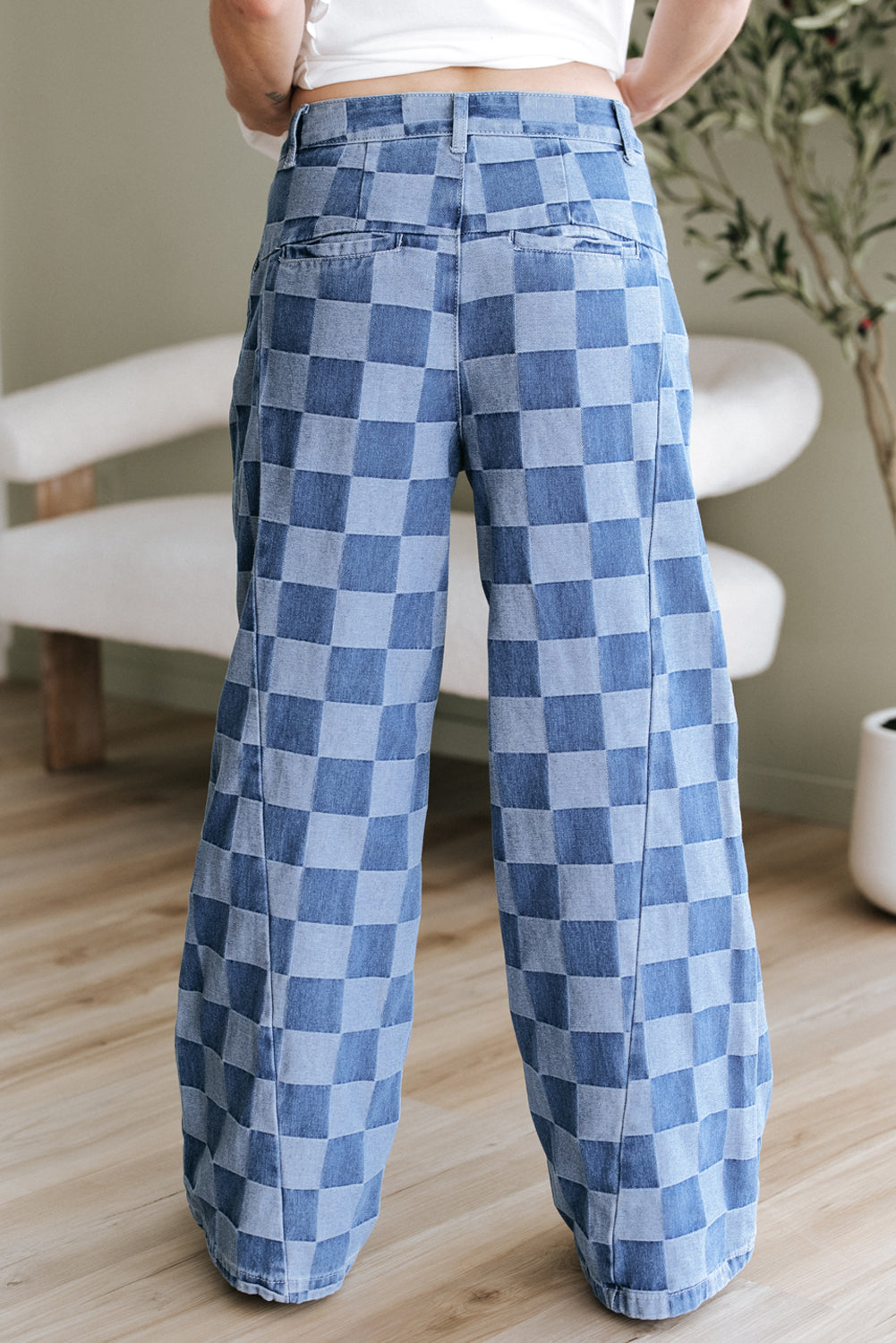 Blue Checkered Wide Leg Jeans