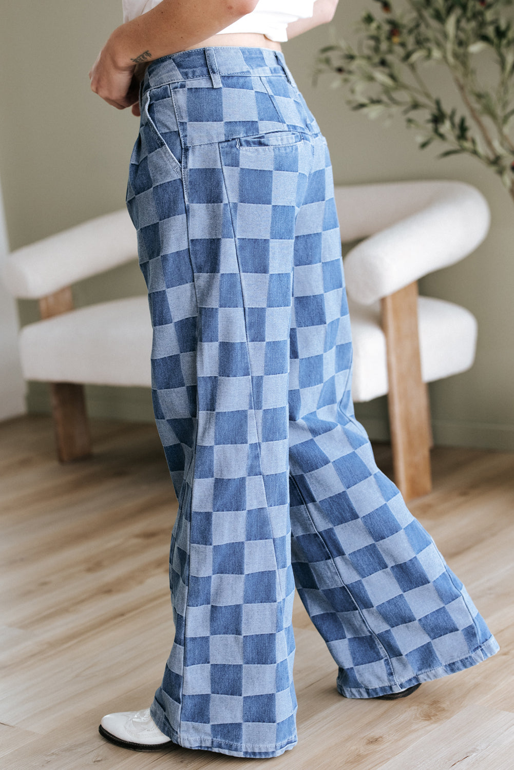 Blue Checkered Wide Leg Jeans