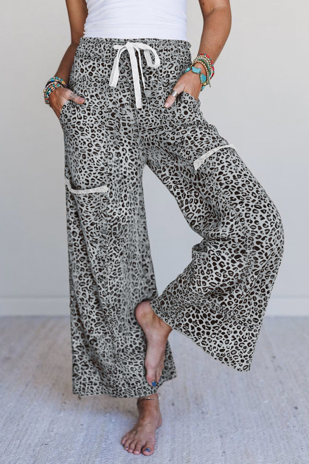 Gray Animal Print Wide Leg Pants