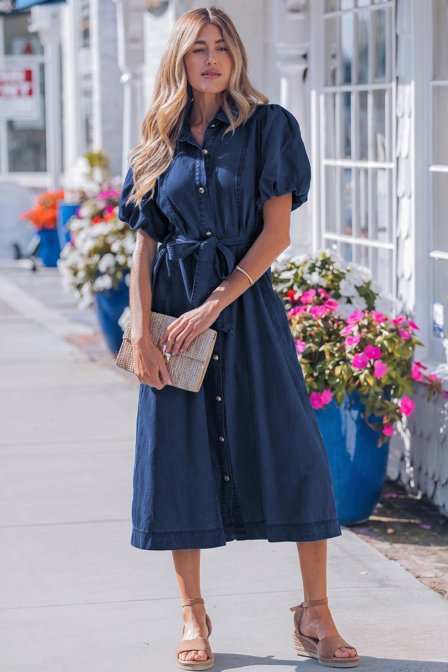 Blue Button-Down Denim Maxi Dress