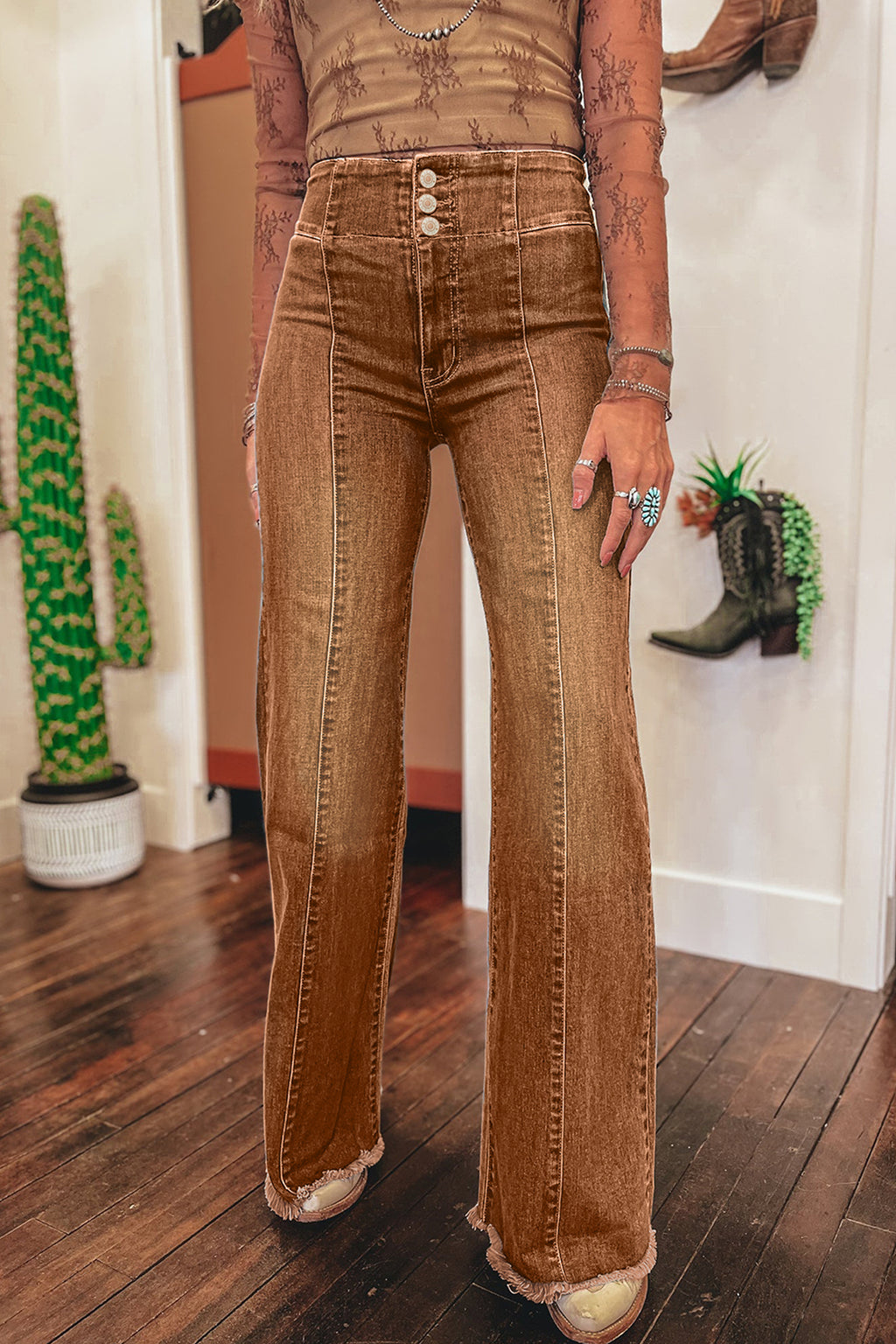 Tan Raw Hem Flare Jeans