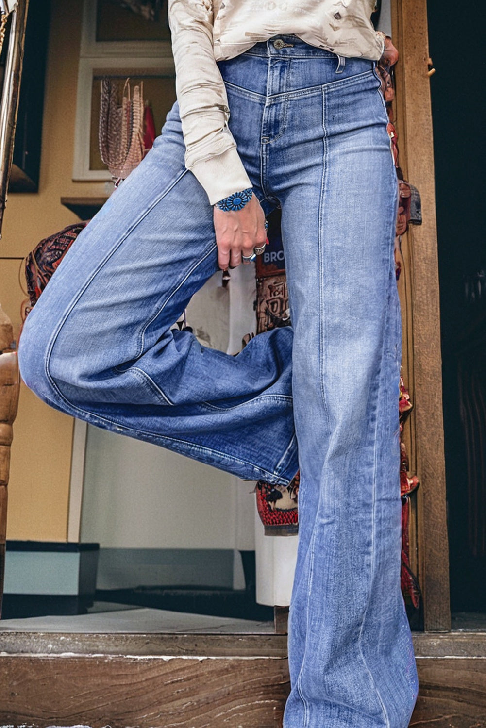 Blue High Rise Straight Leg Jeans