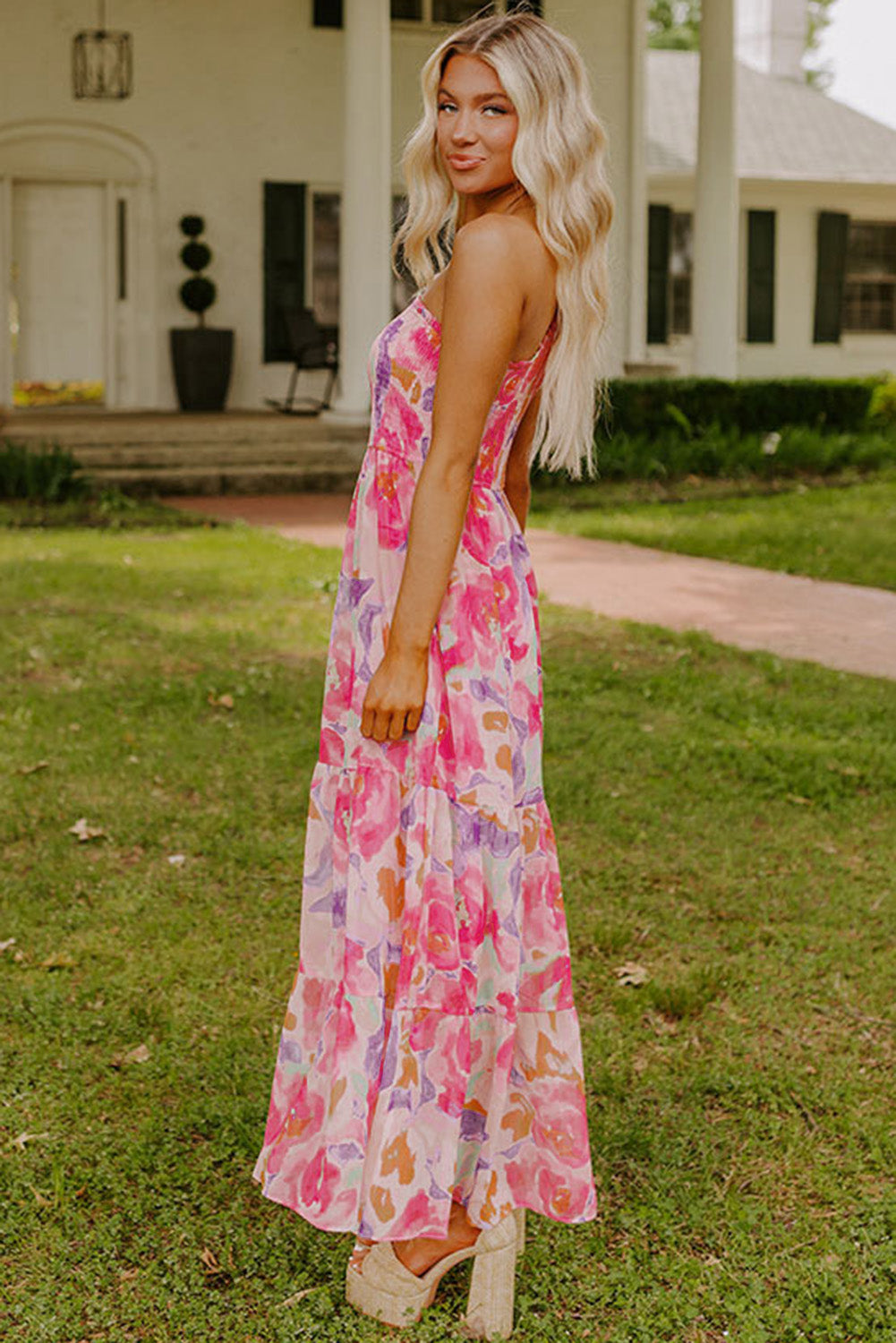 Pink Floral One Shoulder Maxi Dress