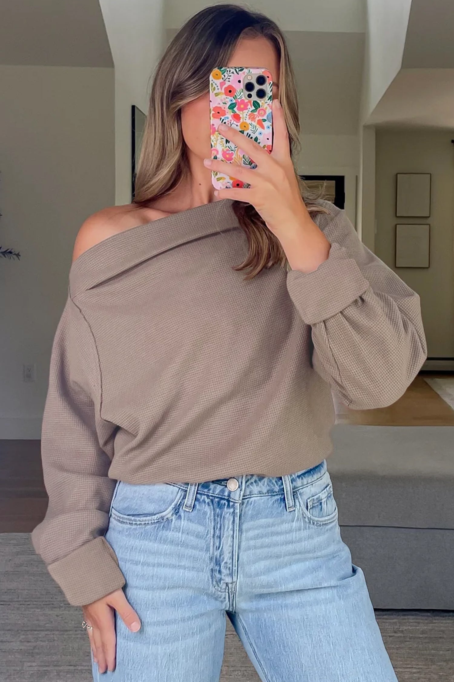 Rose Waffle Knit Long Sleeve Top