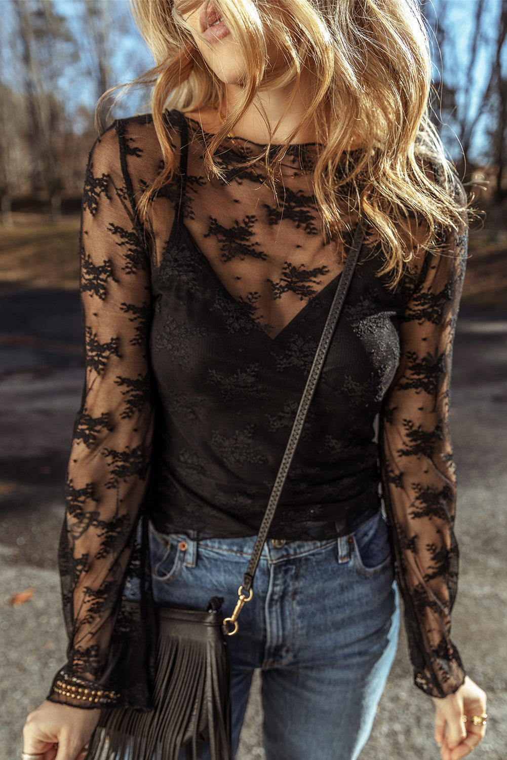 Black Lace Mesh Long Sleeve Blouse