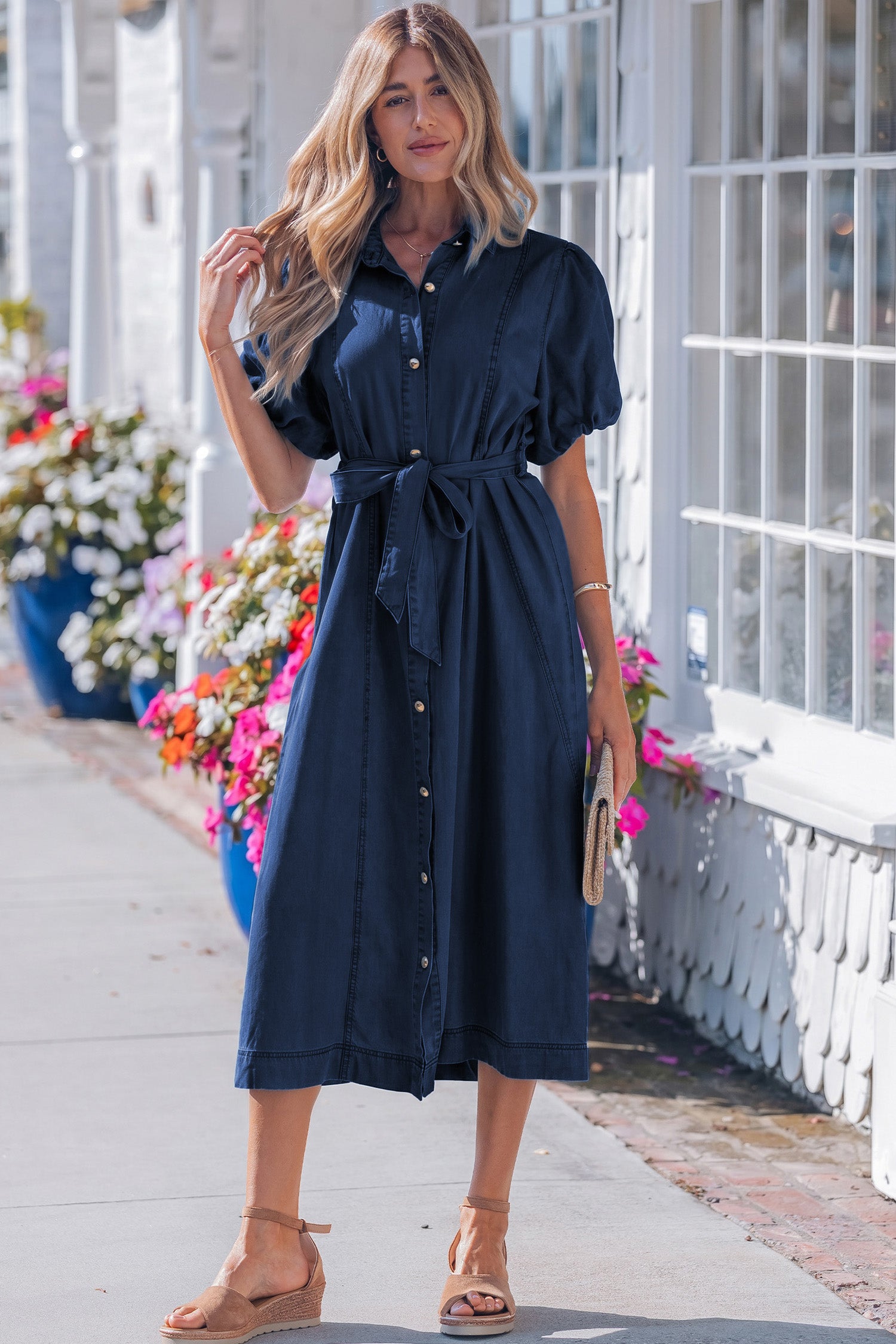 Blue Button-Down Denim Maxi Dress