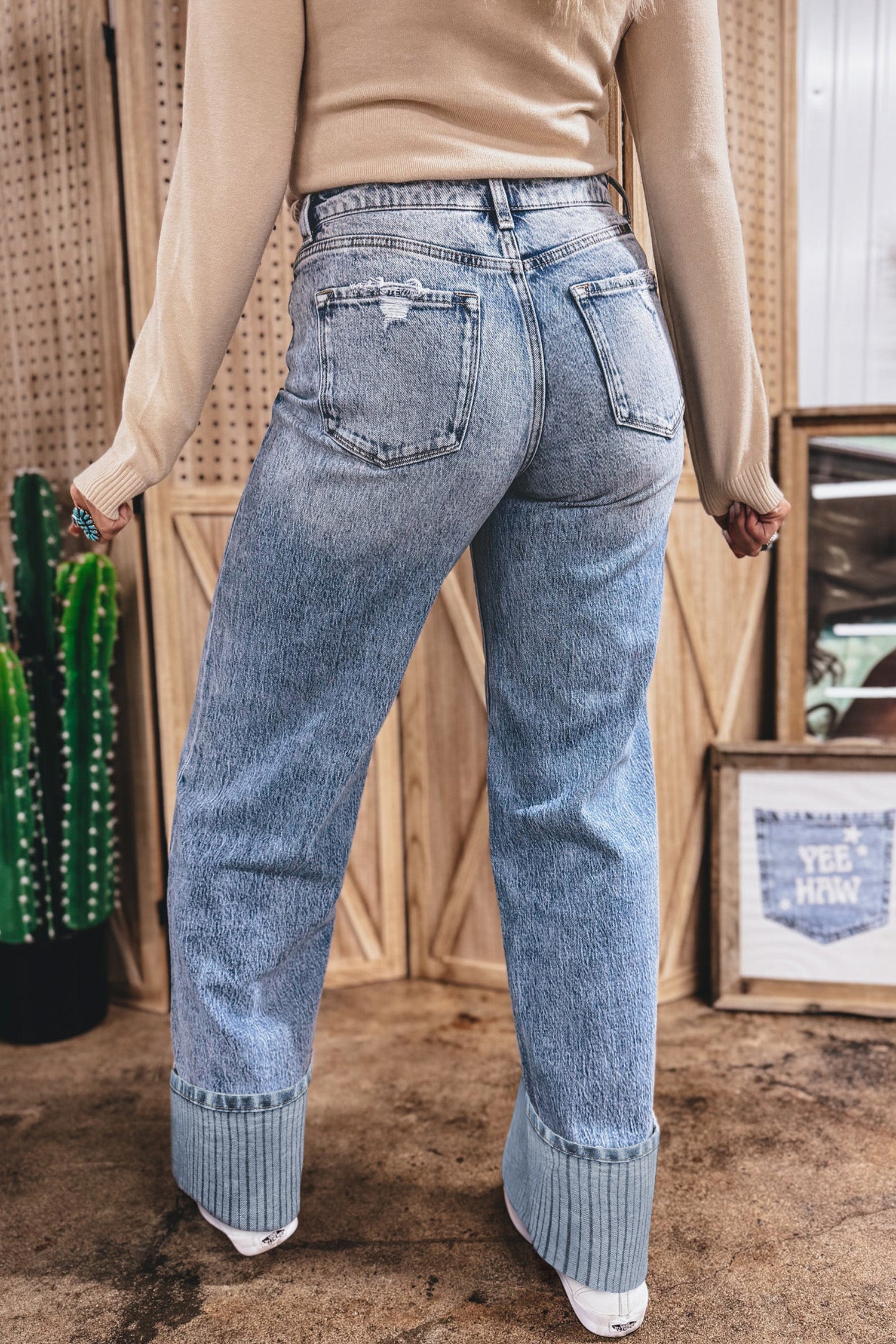 Blue Cuffed Straight Leg Jeans