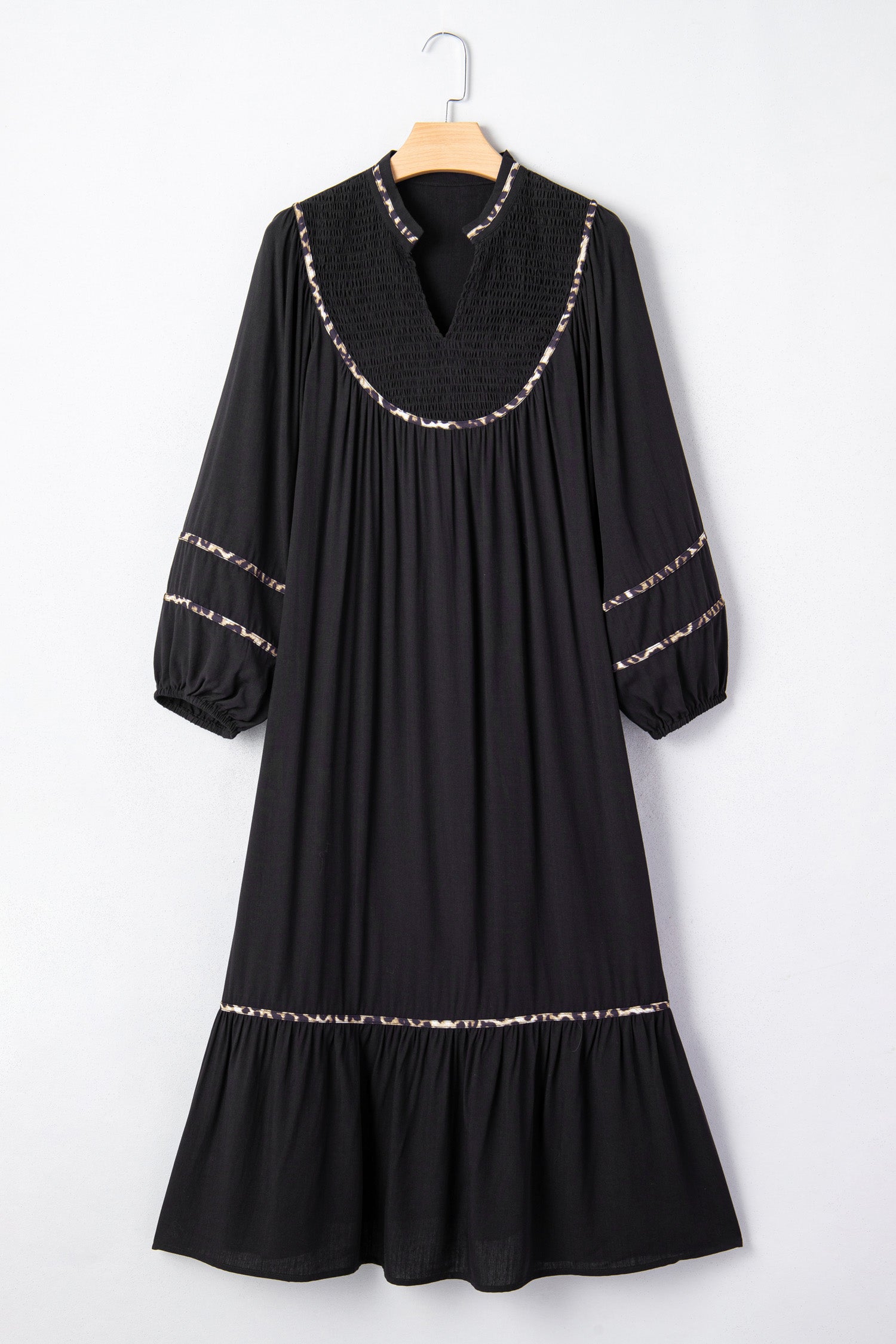 Black Leopard Trim Midi Dress