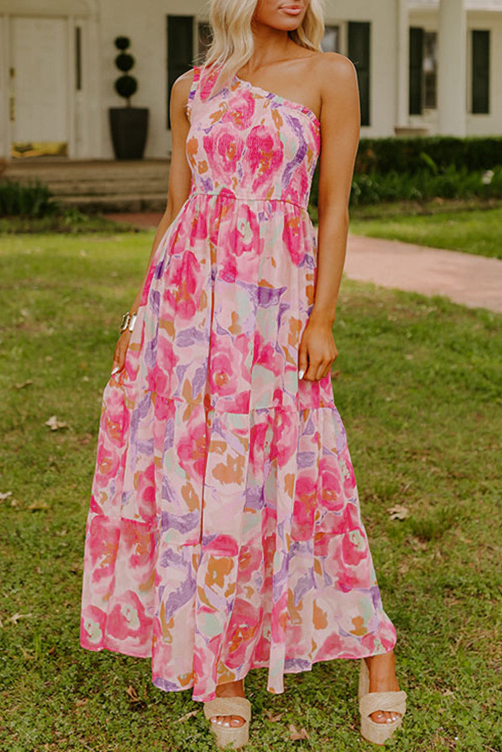 Pink Floral One Shoulder Maxi Dress