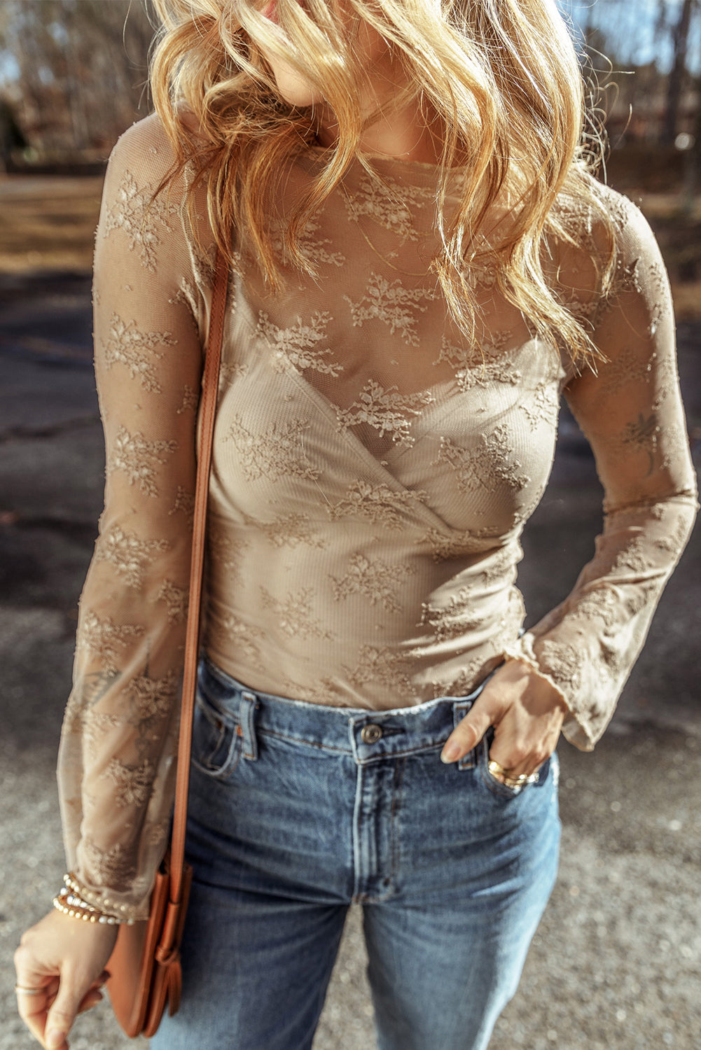 Apricot Lace Mesh Long Sleeve Blouse