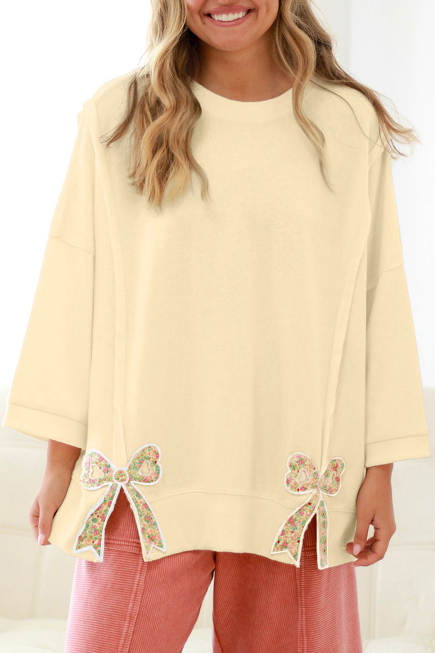 Beige Floral Bow Plus Size Pullover