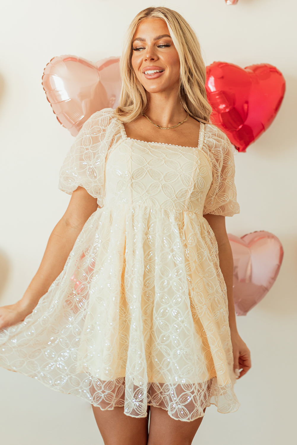 Apricot Sequined Bubble Sleeve Dress