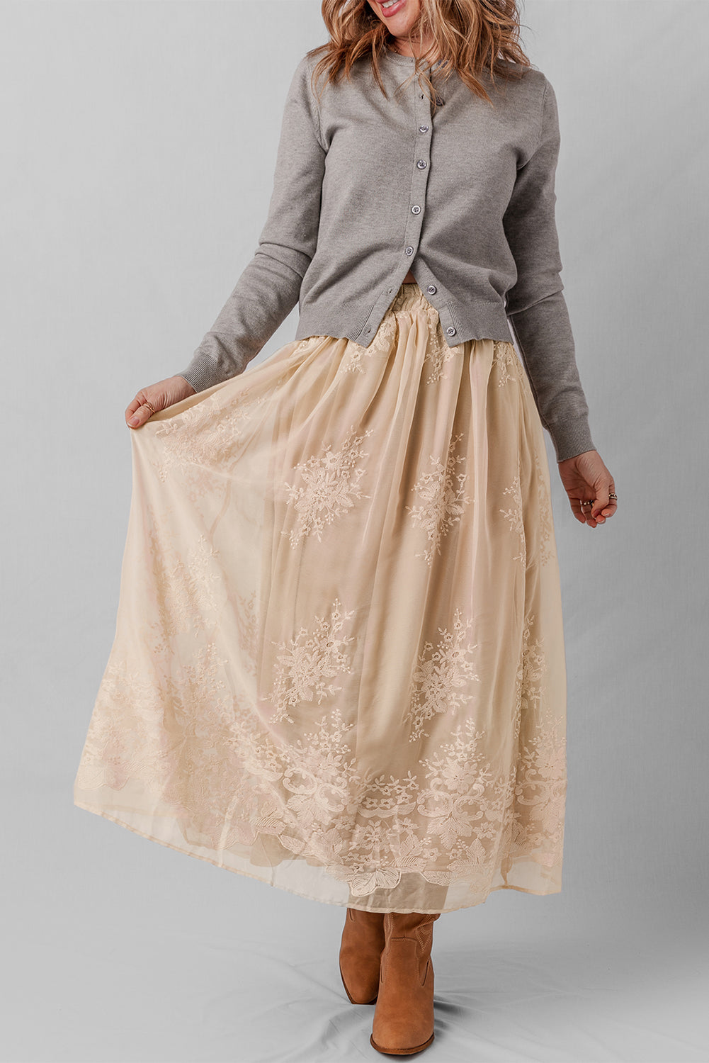 Oatmeal Lace Mesh Maxi Skirt
