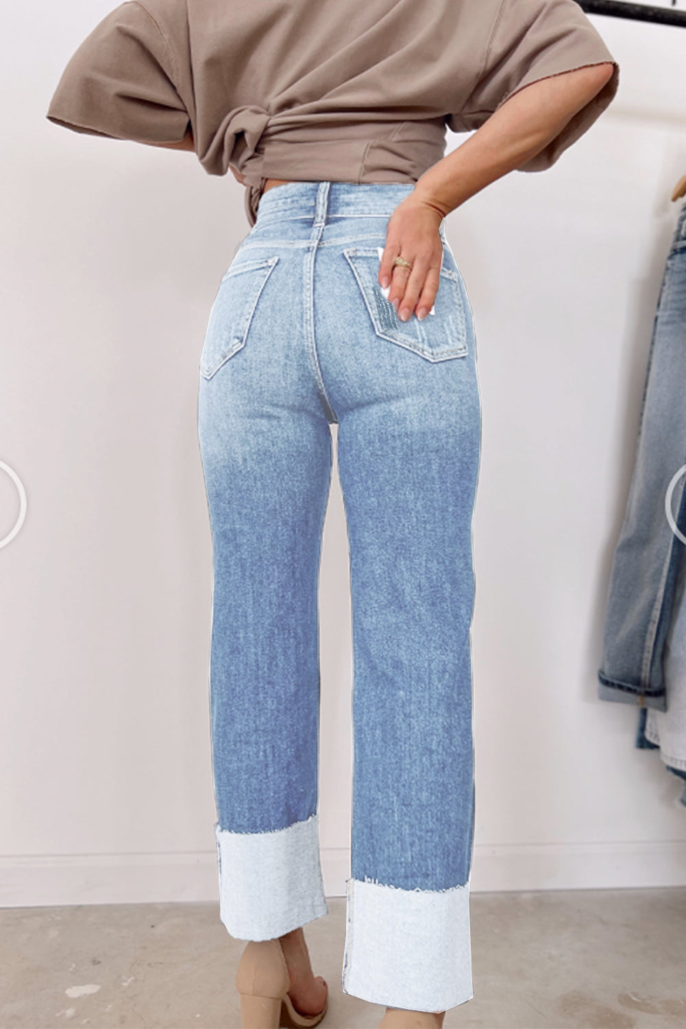 Sky Blue Distressed Straight Leg Jeans