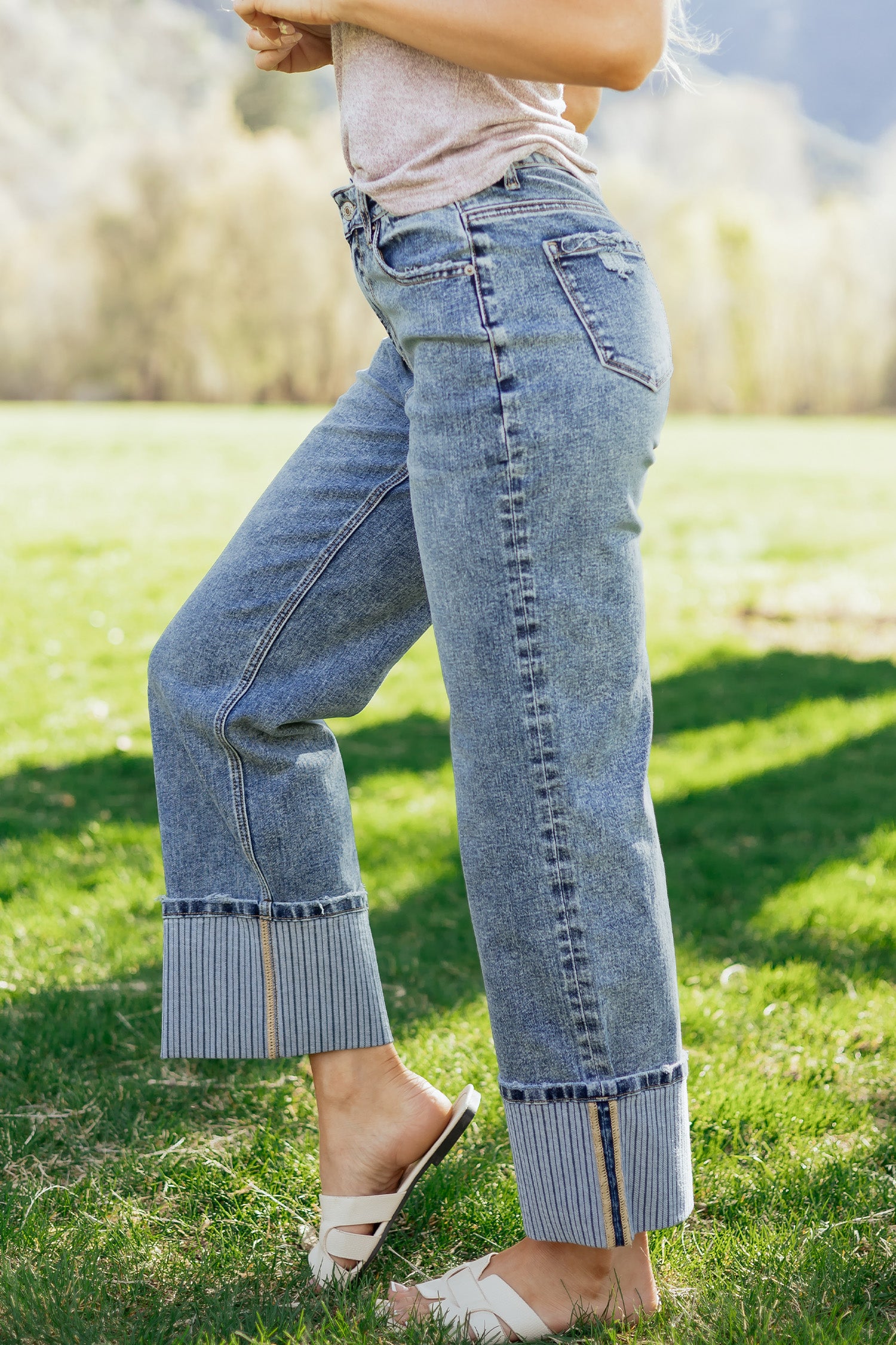 Blue Cuffed Straight Leg Jeans