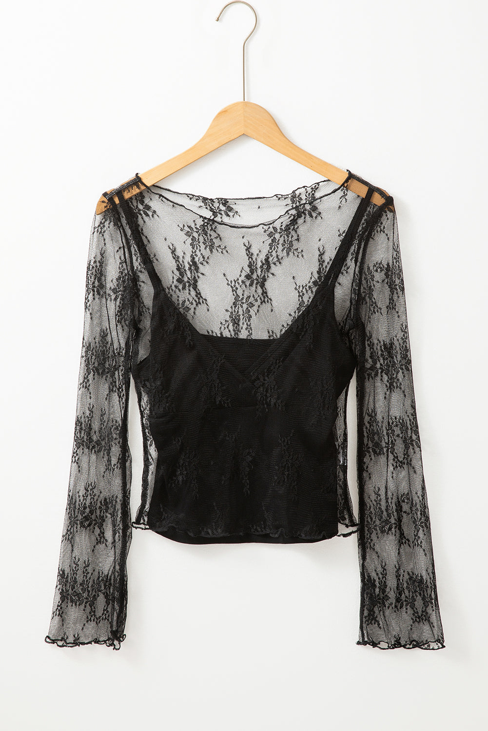 Black Lace Mesh Long Sleeve Blouse