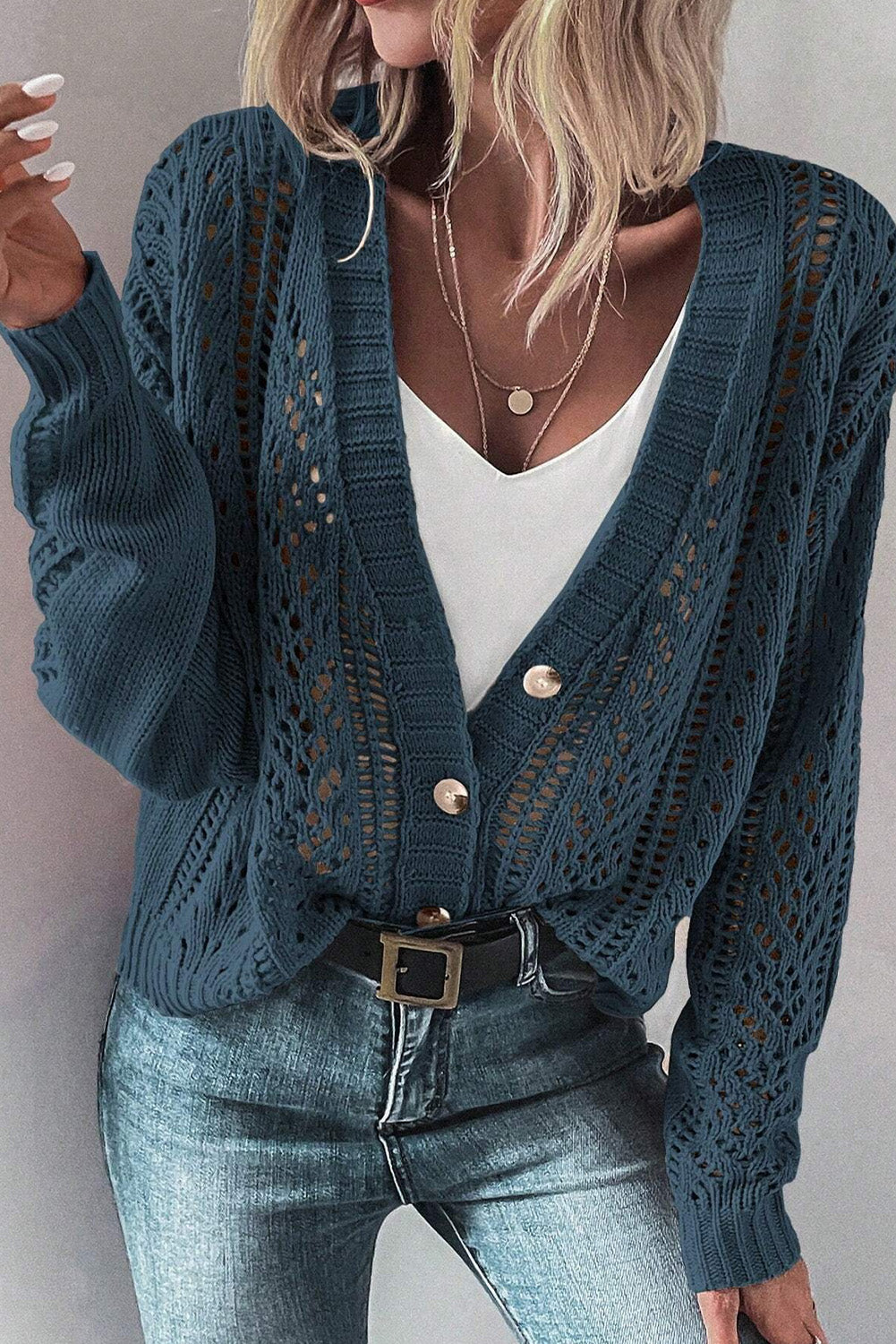 Teal Open Knit Drop Shoulder Cardigan