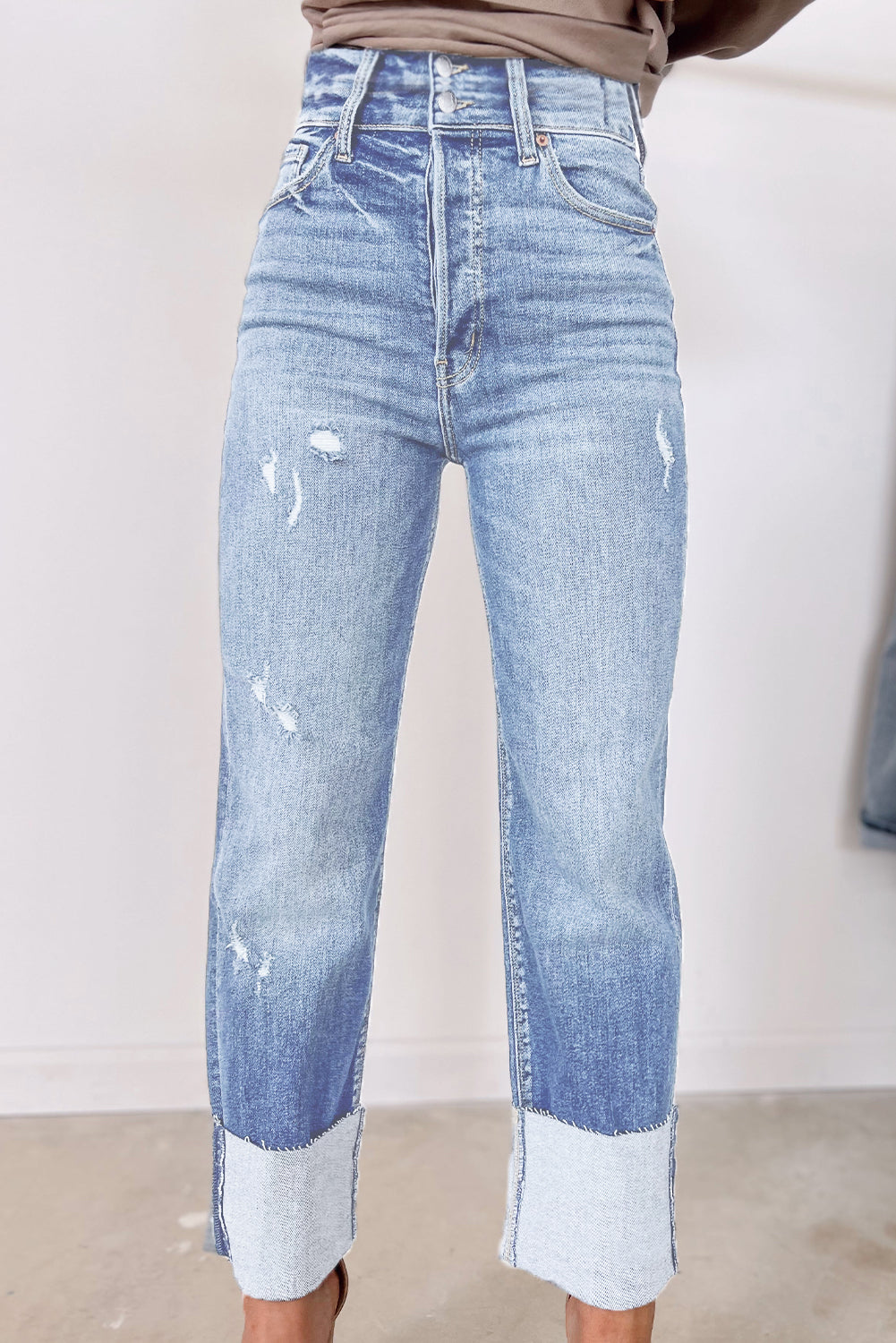 Sky Blue Distressed Straight Leg Jeans