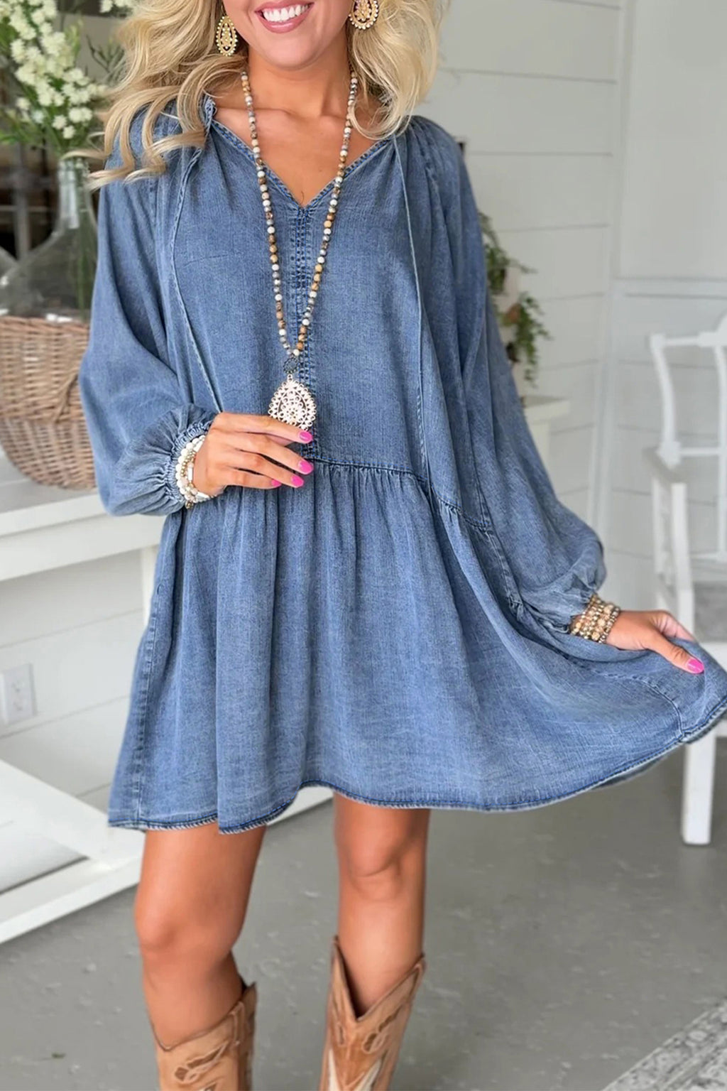 Blue Puff Sleeve Denim Mini Dress