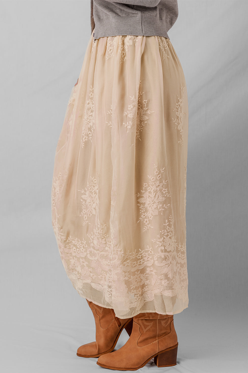 Oatmeal Lace Mesh Maxi Skirt