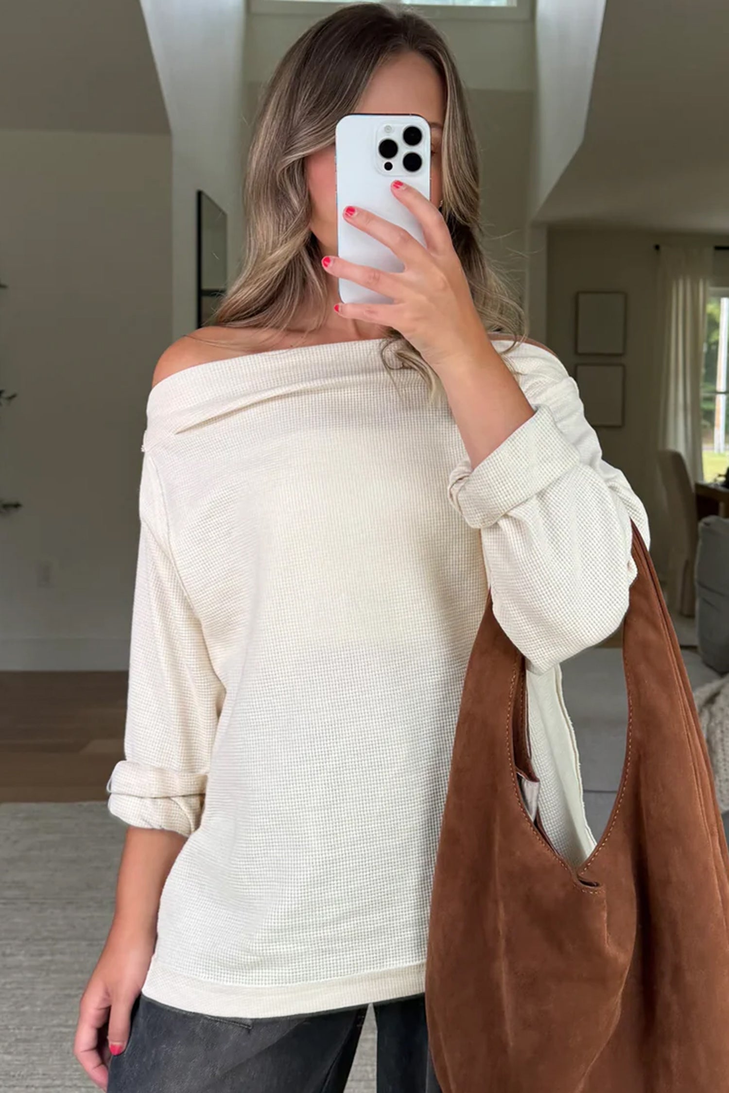 Beige Waffle Knit Long Sleeve Top