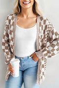 Brown Plus Size Checkered Open Cardigan