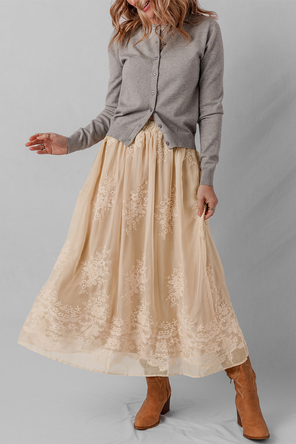 Oatmeal Lace Mesh Maxi Skirt