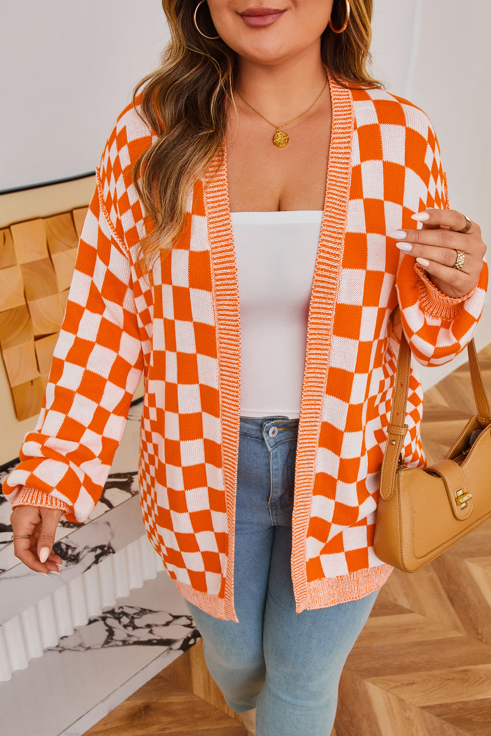 Orange Plus Size Checkered Open Cardigan