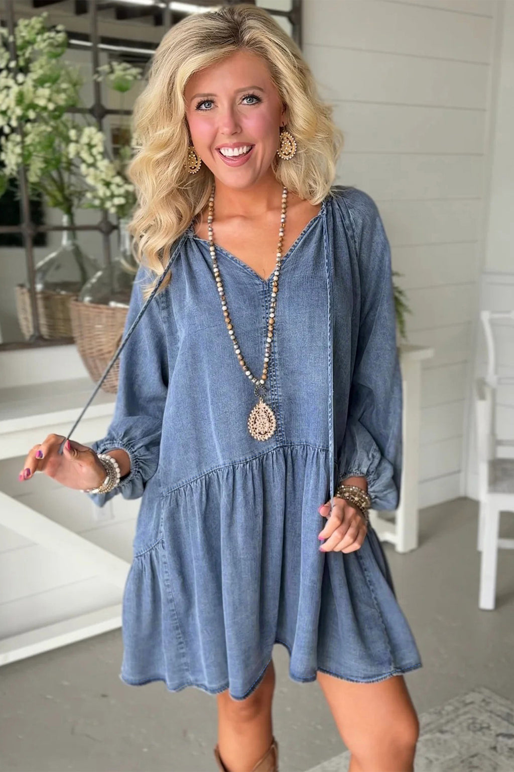 Blue Puff Sleeve Denim Mini Dress