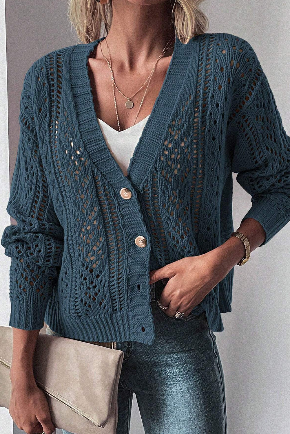Teal Open Knit Drop Shoulder Cardigan