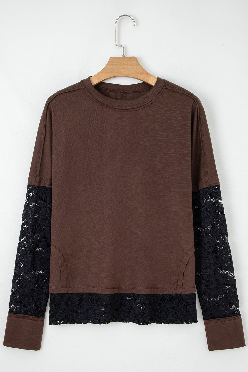Dark Brown Lace Patchwork Long Sleeve Tee