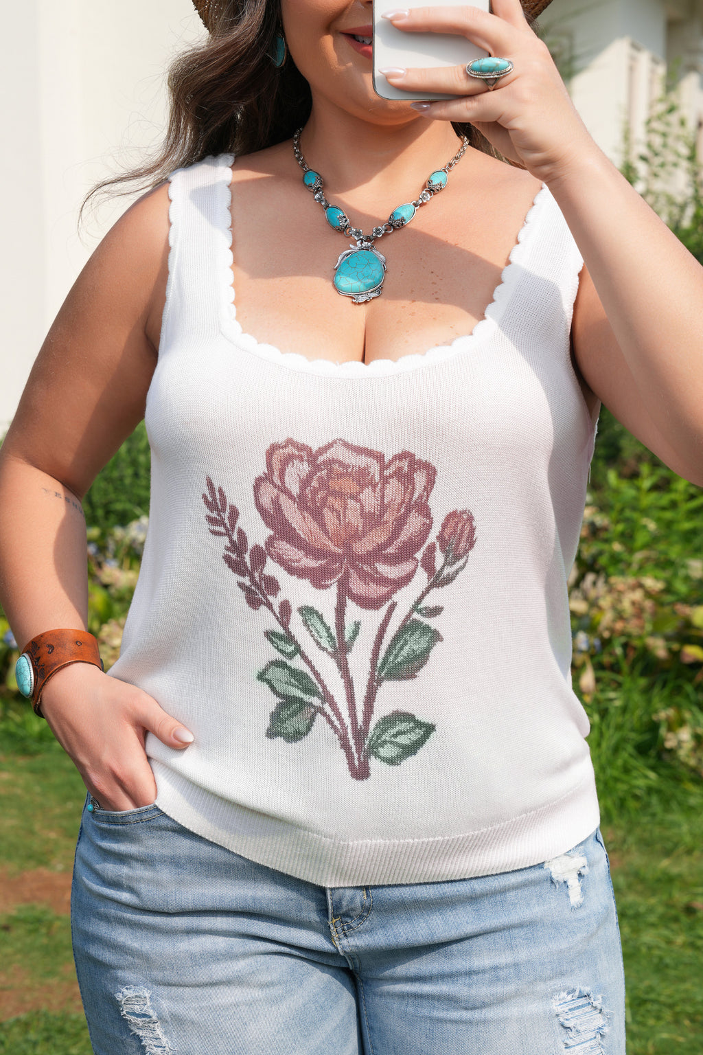 White Plus Size Floral Tank