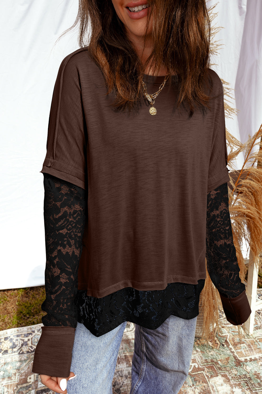 Dark Brown Lace Patchwork Long Sleeve Tee