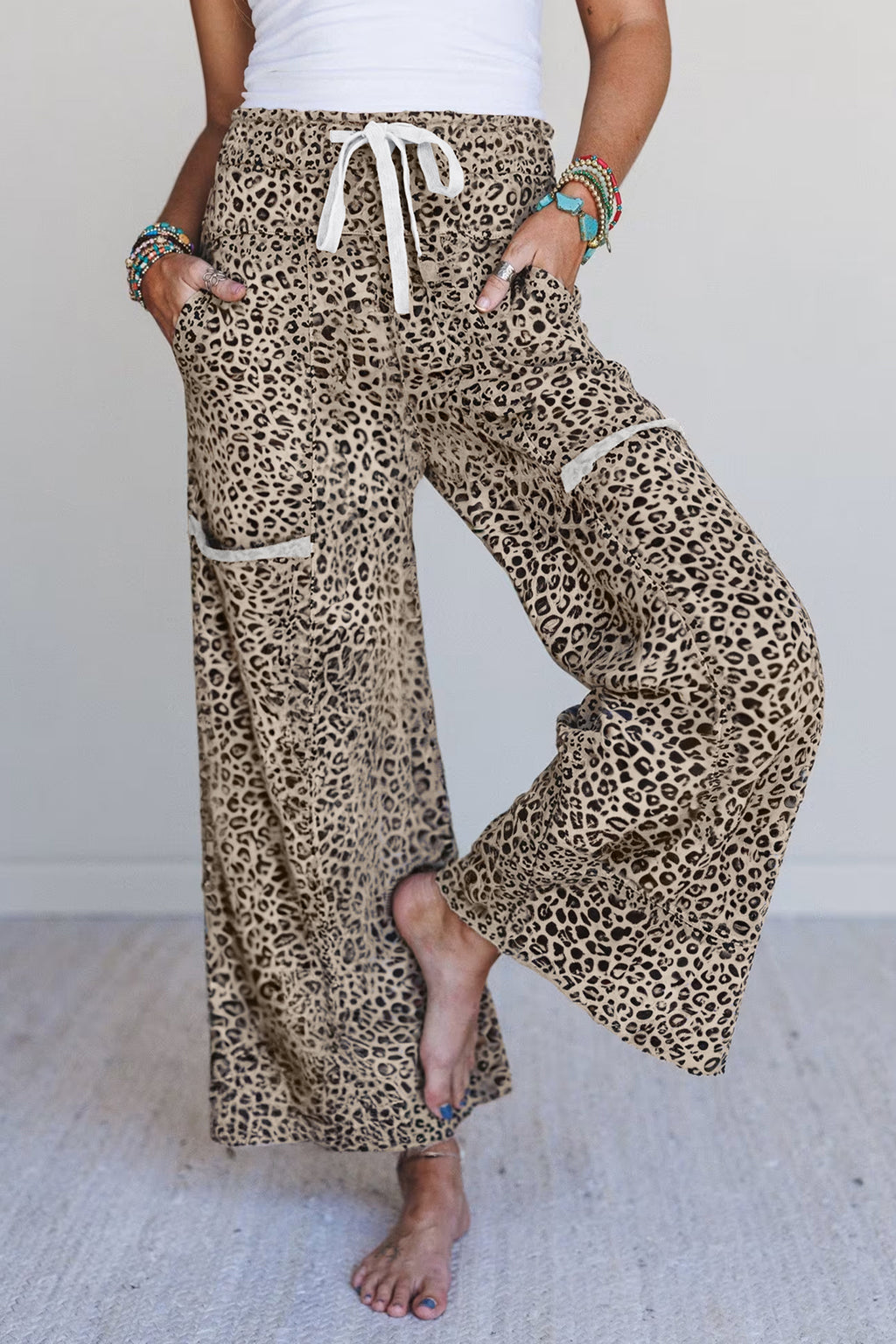 Khaki Animal Print Wide Leg Pants