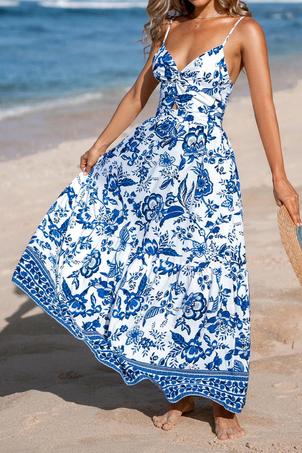 Sky Blue Floral Backless Maxi Dress
