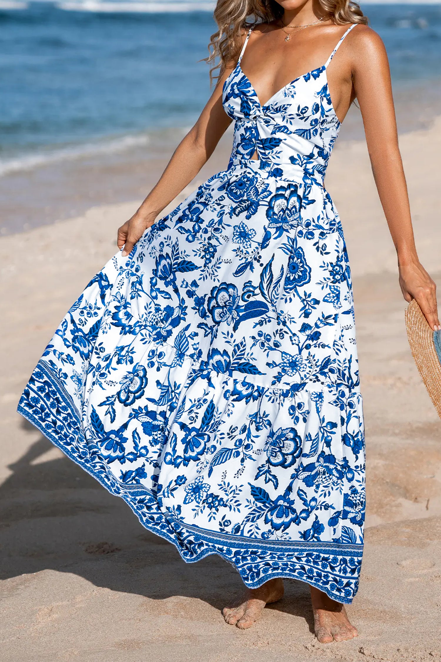 Sky Blue Floral Backless Maxi Dress