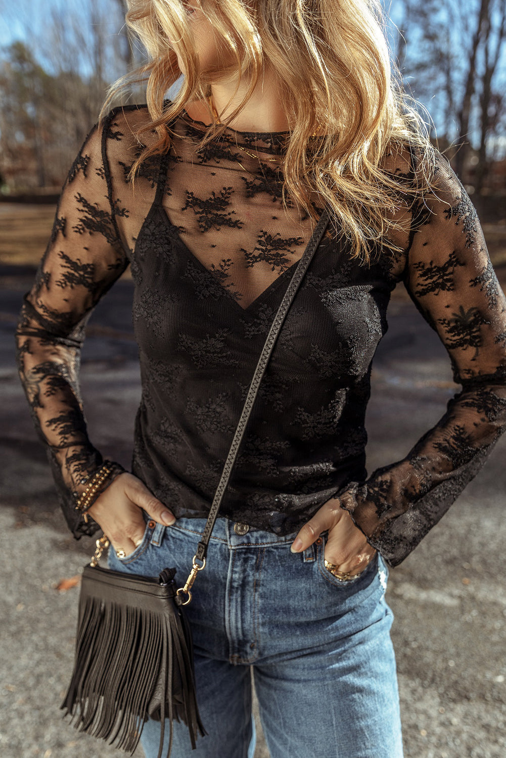 Black Lace Mesh Long Sleeve Blouse