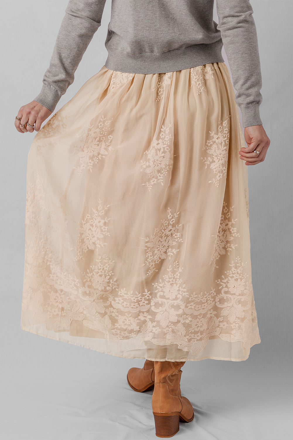 Oatmeal Lace Mesh Maxi Skirt